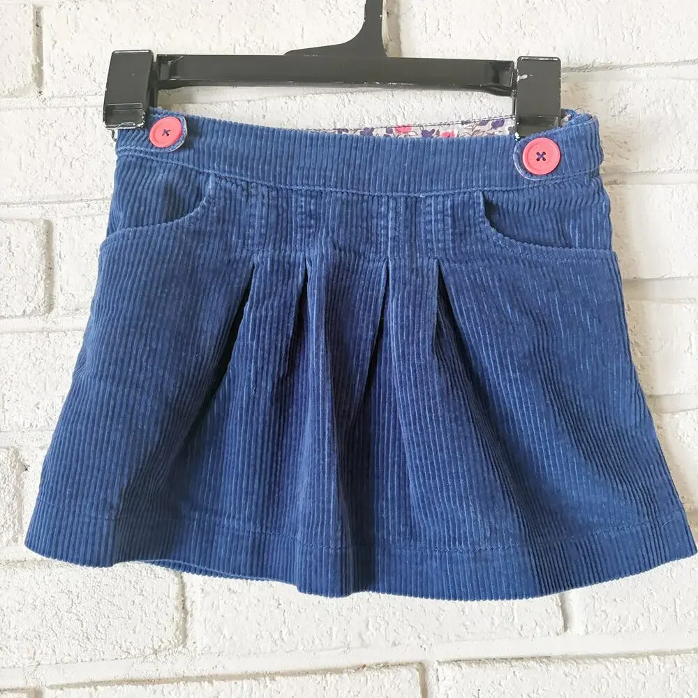 Mini Boden Blue Corduroy Pleated Vintage Style Mini Skirt Pink Buttons Sz 7-8